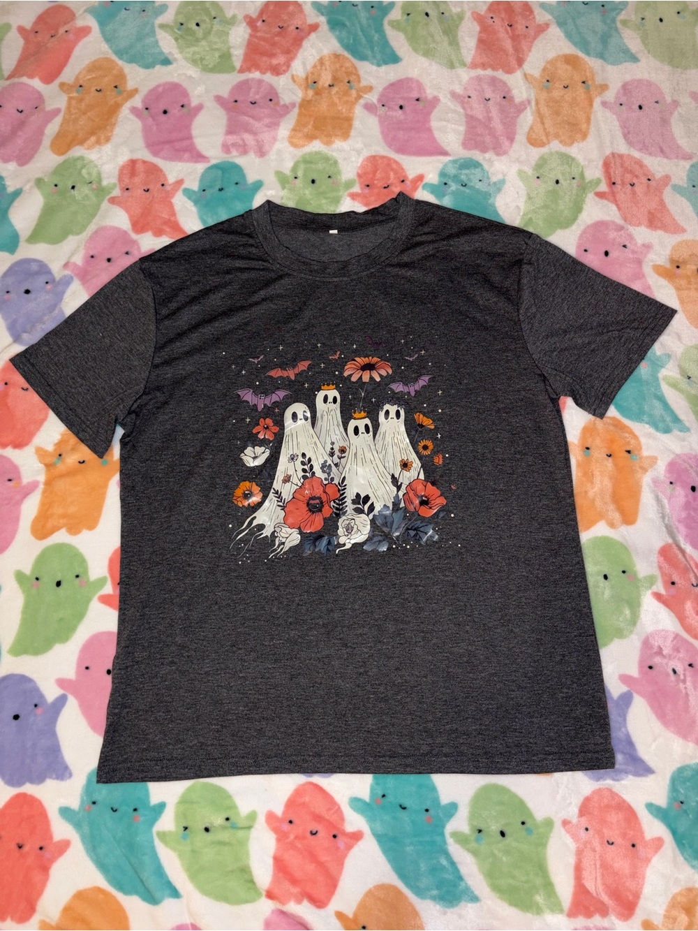 Ghosts & Flowers Graphic Tee - Dark Gray